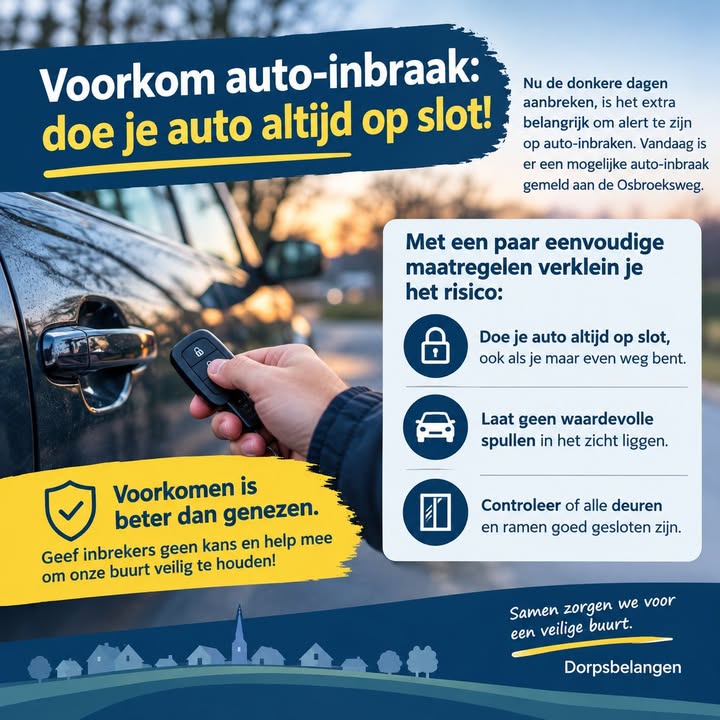 Beste Tynaarloërs, Opgelet: vandaag rond 13.30 uur is er ingebroken in een auto aan de…